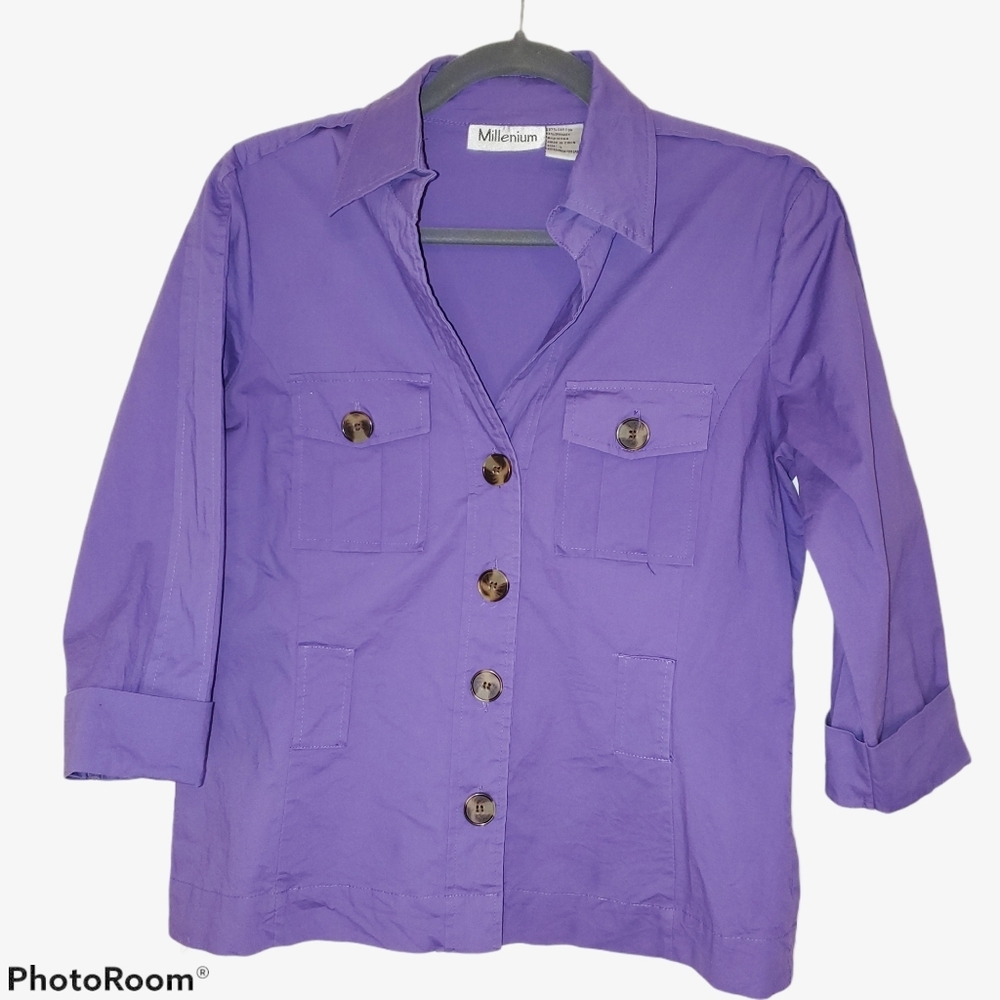 Millenium Purple 3/4 Cuffed Sleeve Button-Up Utility Top - Size L